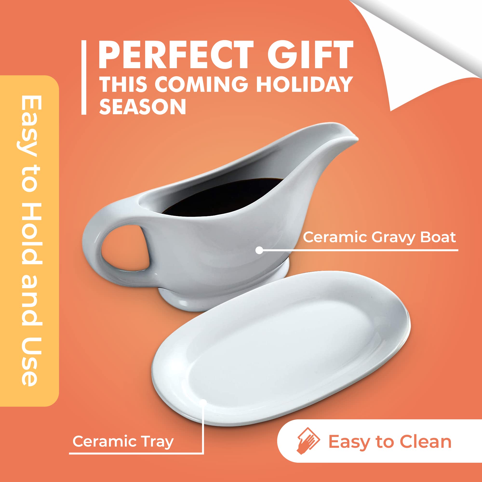 Bruntmor 11 Oz White Ceramic Gravy Boat With Tray, 11 Ounce Small Ceramic Serving Dish, Dispenser With Tray For Sauces, Gravy Bo
