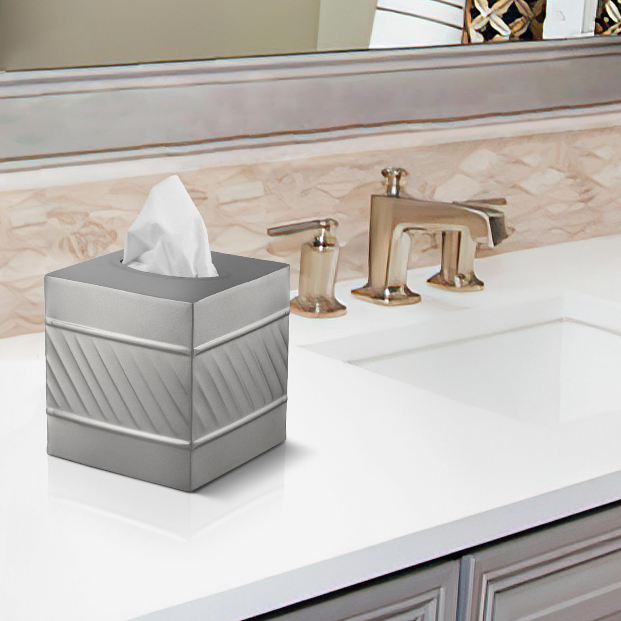Monarch Abode 39427 Handcrafted Tissue Box Square Cover Holder And Dispenser, Wave Embossed, Metal Dresser Accessories For Offic