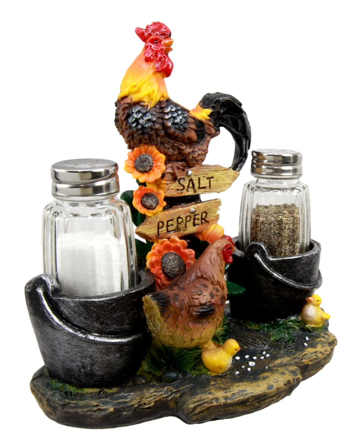 Ebros Gift Country Farm Barnyard Rooster Hen And Chicks Family By Pails And Sunflowers Salt And Pepper Shakers Holder Figurine 7