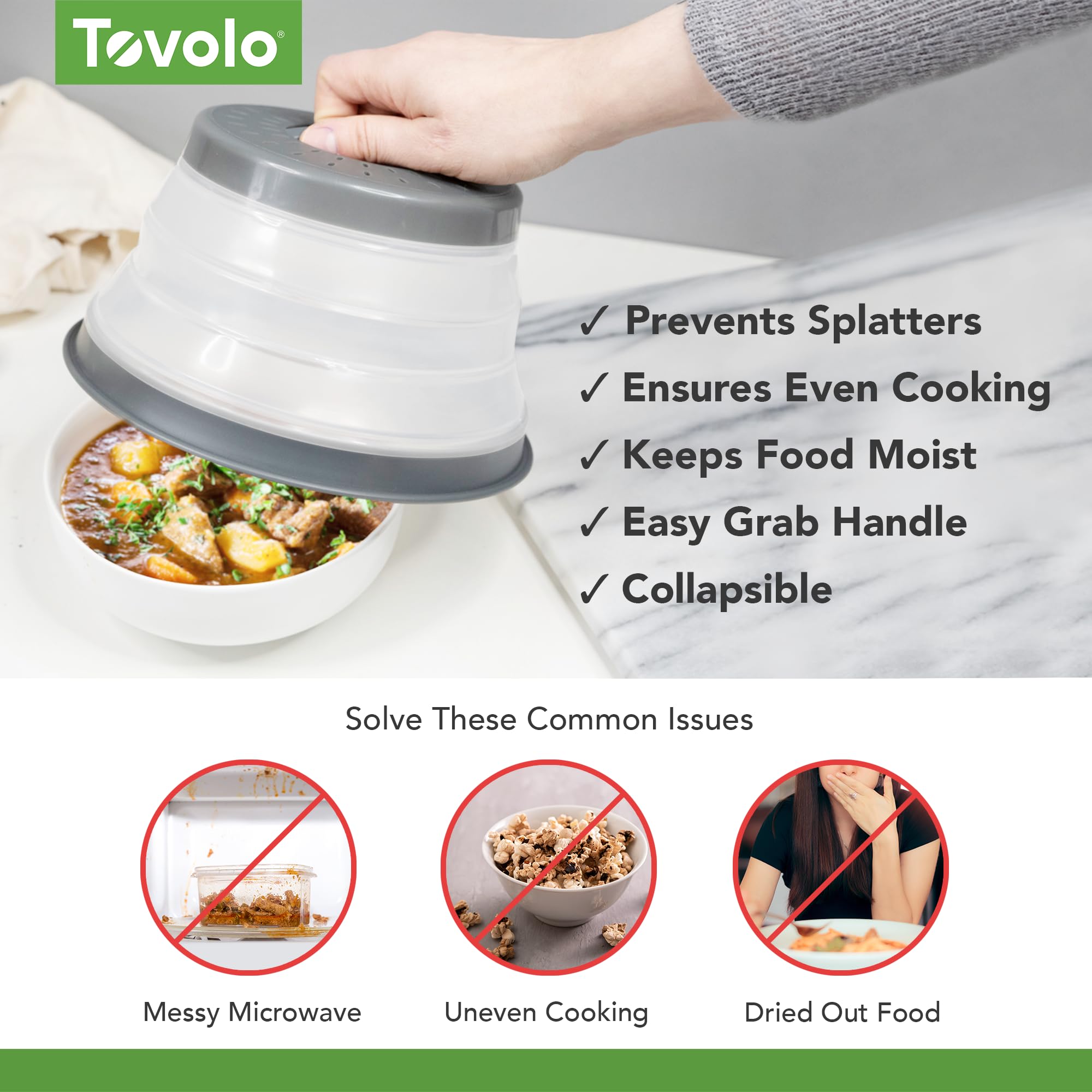 Tovolo Microwave Splatter Cover For Food, 3-Pack (Charcoal) - Collapsible & Vented Silicone Splatter Guard Lid - Microwave Plate