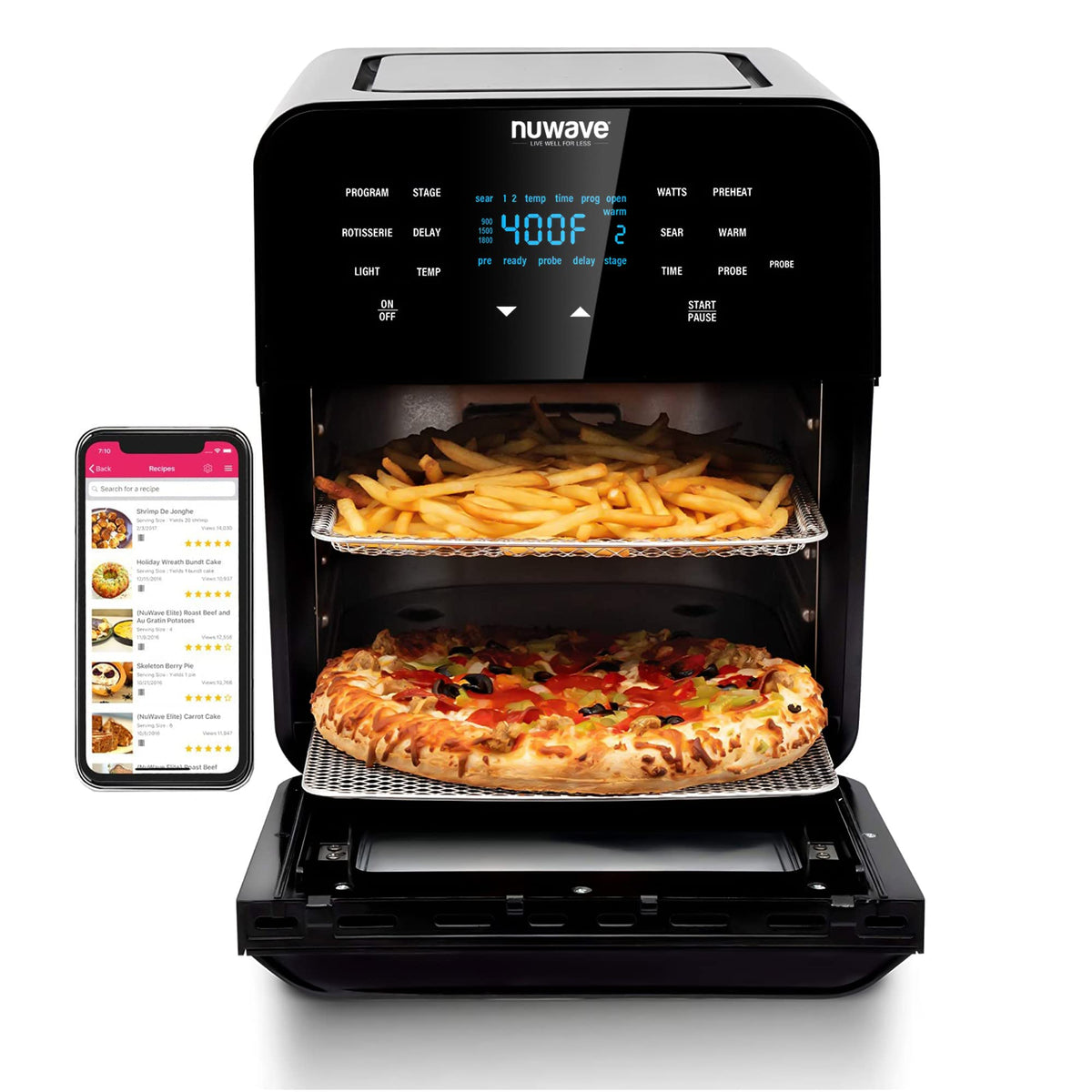Nuwave Brio Air Fryer Oven, 15.5Qt X-Large Family Size, Ss Rotisserie Basket &Skewer-Kit, Reversible Ultra Non-Stick Grill/Gridd