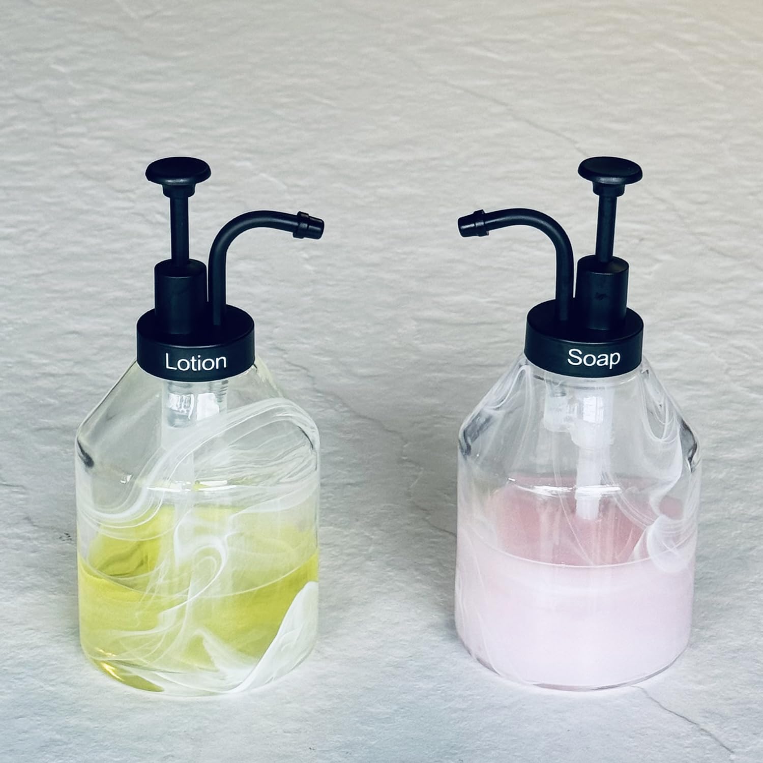 Suanti Bathroom Glass Soap Dispenser Set, 2 Pcs 375Ml/12.7 Oz Unique 3D Cloud Pattern Thick Glass Soap Bottle With Smooth Action