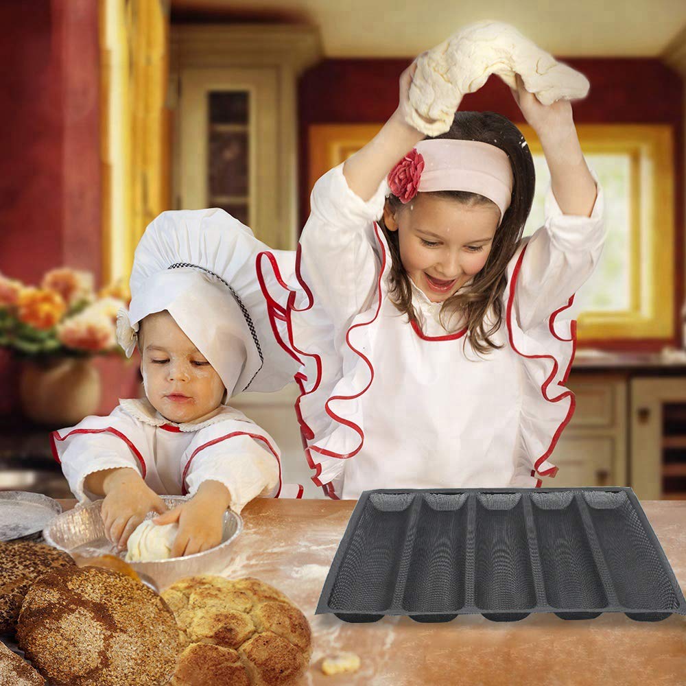 Fetesur Silicone Perforated Baking Forms Sandwich Mold French Baguette Bread Pan Food Mat 5 Loaf Non-Stick Baking Liners