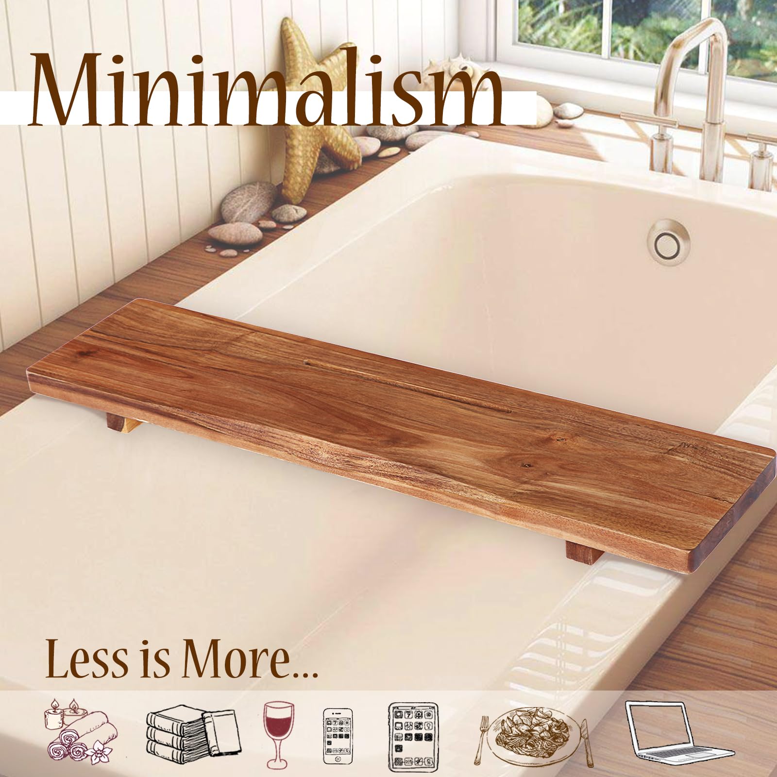 Premium 1.2In Thickened Board Acacia Wood Bathtub Tray Caddy With Adjustable Legs, Minimalistic Design Bath Tray For Tub, Bathtu