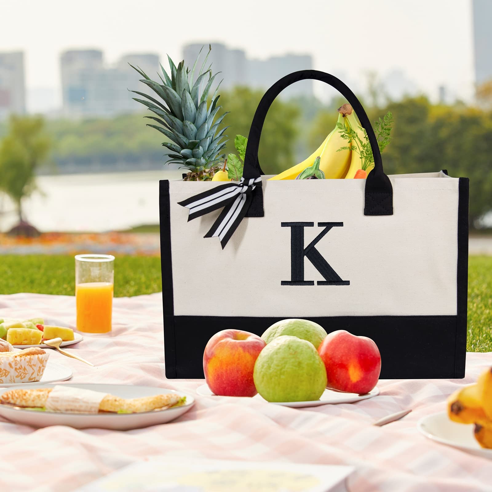 TOPDesign Embroidery Initial Canvas Tote Bag  Personalized Present Suitable for Wedding  Birthday  Beach  Holiday  is a Great Gift Women  Mom  Teachers  Friends  Bridesmaids (Letter K)