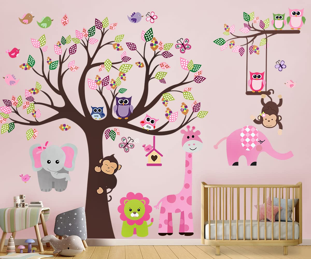 Dekosh Kids Pink Jungle Theme Peel & Stick Girl Nursery Wall Decal, Colorful Owl Giraffe Lion Tree Decorative Sticker For Baby B