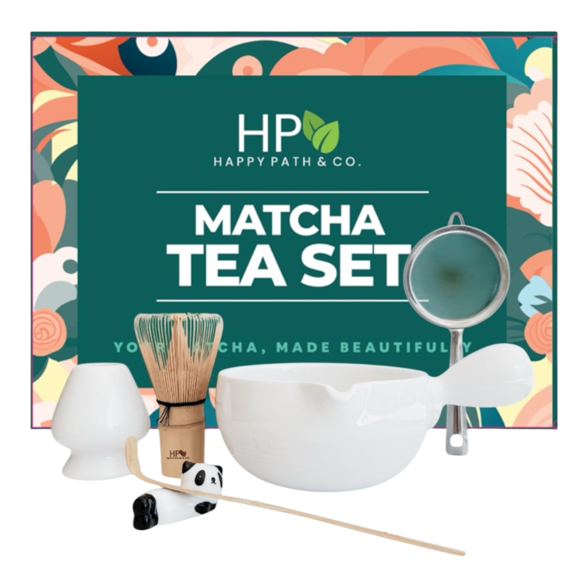Happy Path & Co - 6 Pcs Matcha Whisk Set Includes Matcha Whisk(Chasen), & Bowl With Spout Handle, 120 Prong Bamboo Whisk, Matcha