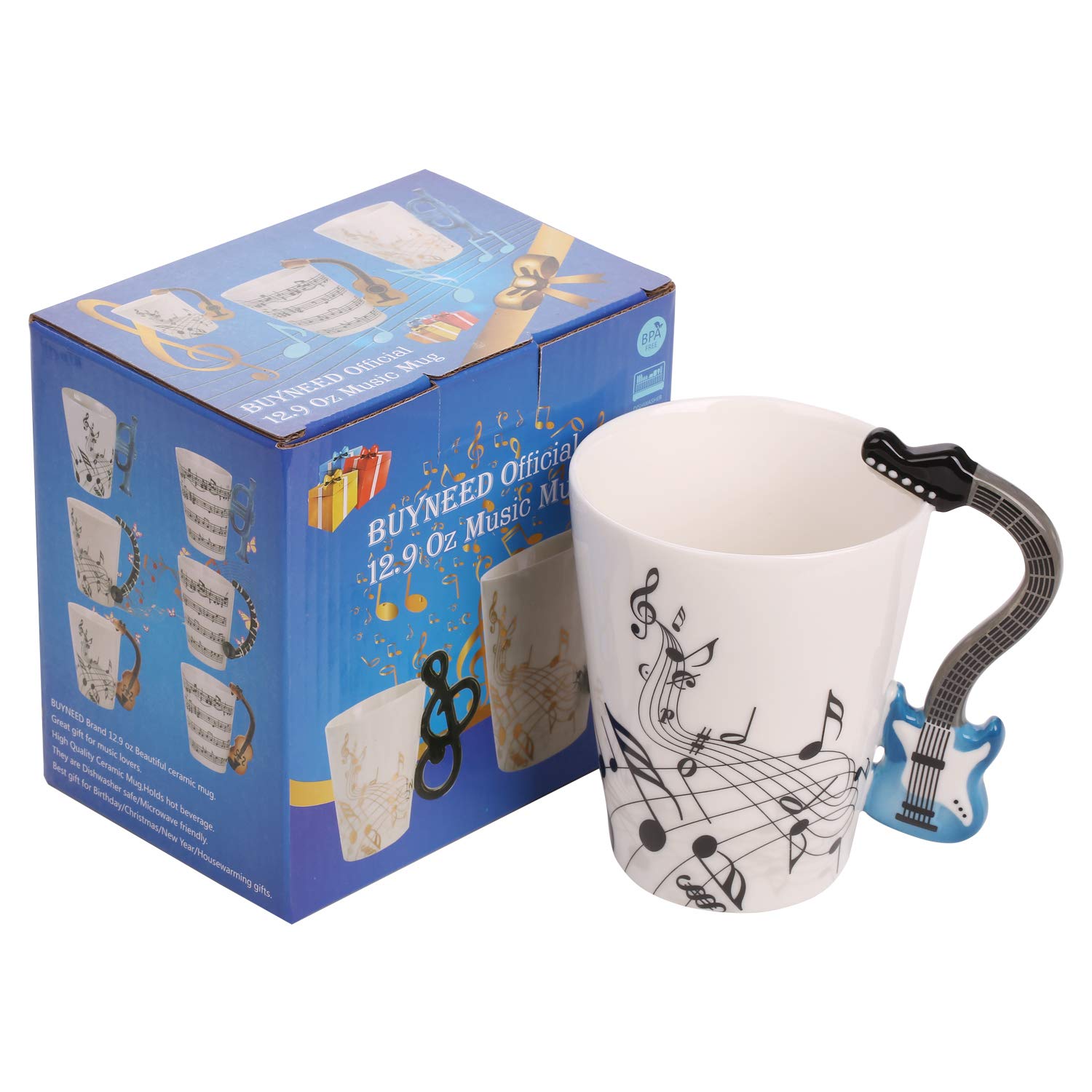 Buyneed 12.9 Oz Guitar Mug Music Note Tea Coffee Milk Ceramic Guitar Music Cup Mug Gifts For Guitar Players Musicians,Music Love