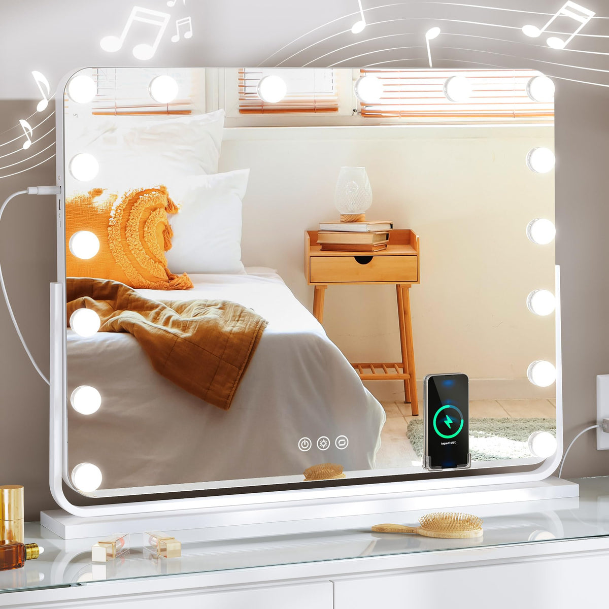 Yitahome Vanity Mirror With Lights And Bluetooth Speaker & Wireless Charger, 28''X22'' Led Makeup Mirror, Lighted Makeup Mirror
