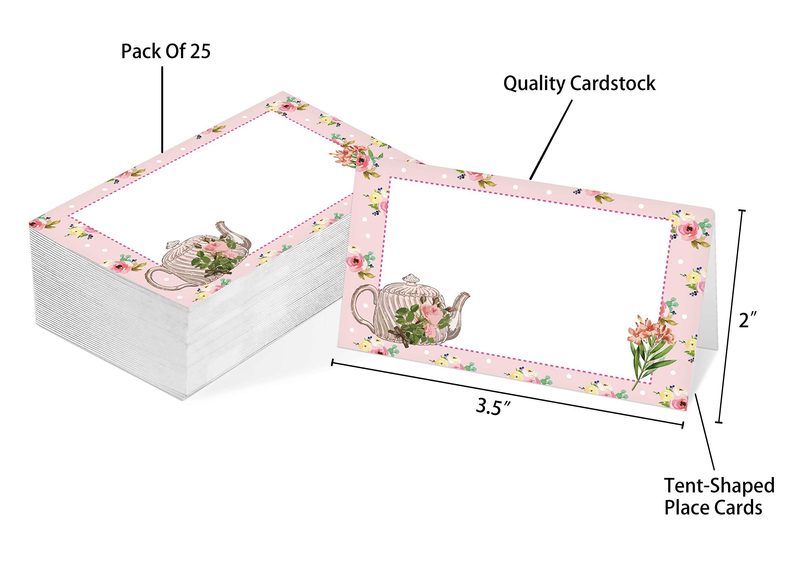 Table Place Card, Tea Party Themed Tent Style Cards, Pack Of 25 Half-Fold Reception Place Card, Perfect For Bride Shower, Birthd