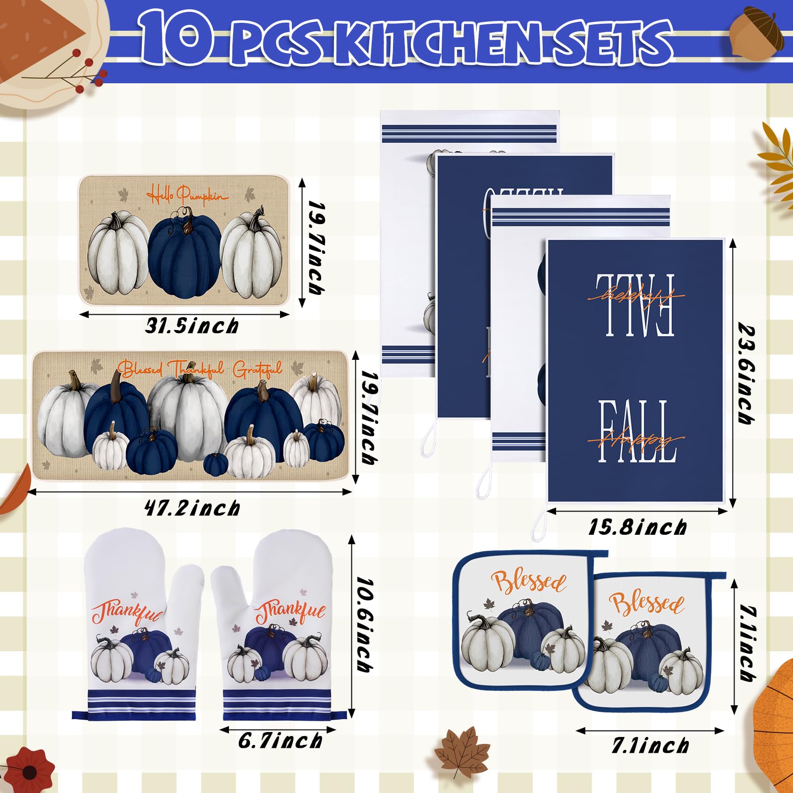 Fanfanwin 10 Pcs Thanksgiving Pumpkin Kitchen Decor Set Kitchen Towels Pot Holders Oven Mitts and Rugs Set Thanksgiving Decor fo