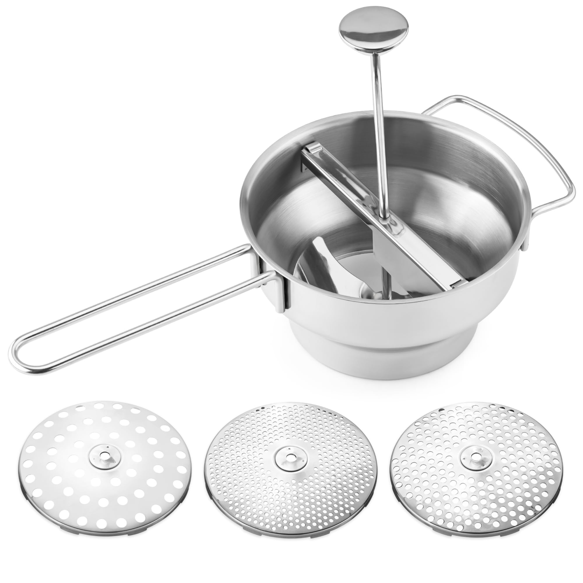 Navaris Food Mill - 8.1 '' Stainless Steel Rotary Food Mill Sieve Grater with 3 Grinding Discs - Vegetable Strainer Sauce Maker to Grind/Puree Food