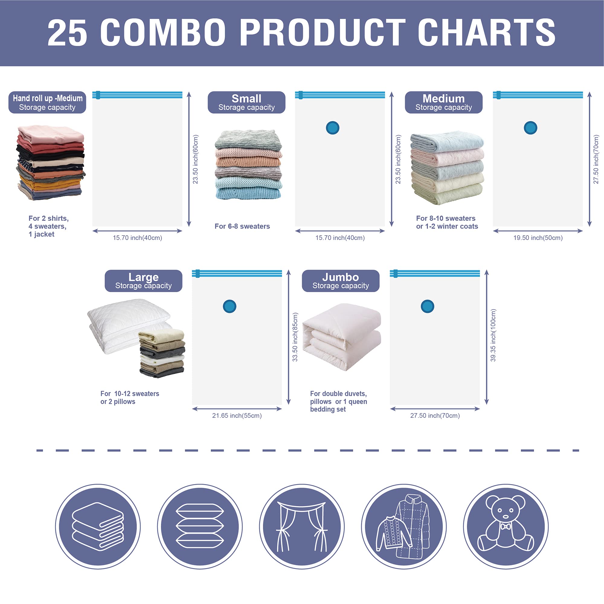 25 Pack Vacuum Storage Bags  Space Saver Bags (5 Jumbo/5 Large/5 Medium/5 Small/5 Roll) Compression Storage Bags for Comforters and Blankets  Vacuum Sealer Bags for Clothes Storage  Hand Pump Included