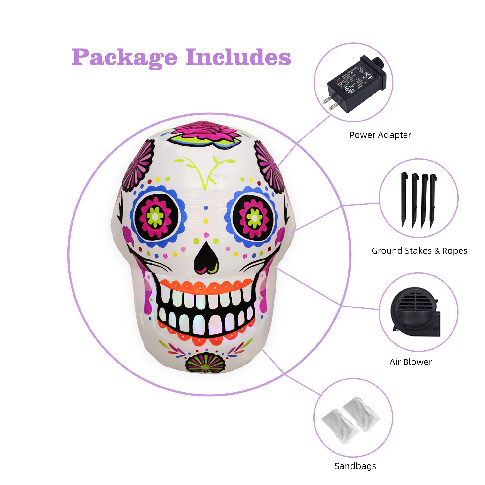 VIKIMORA 4ft Halloween Inflatable Sugar Skulls Outdoor Decoration for Yard Blow up Red Eye Skull Lights Day of The Dead Inflatab