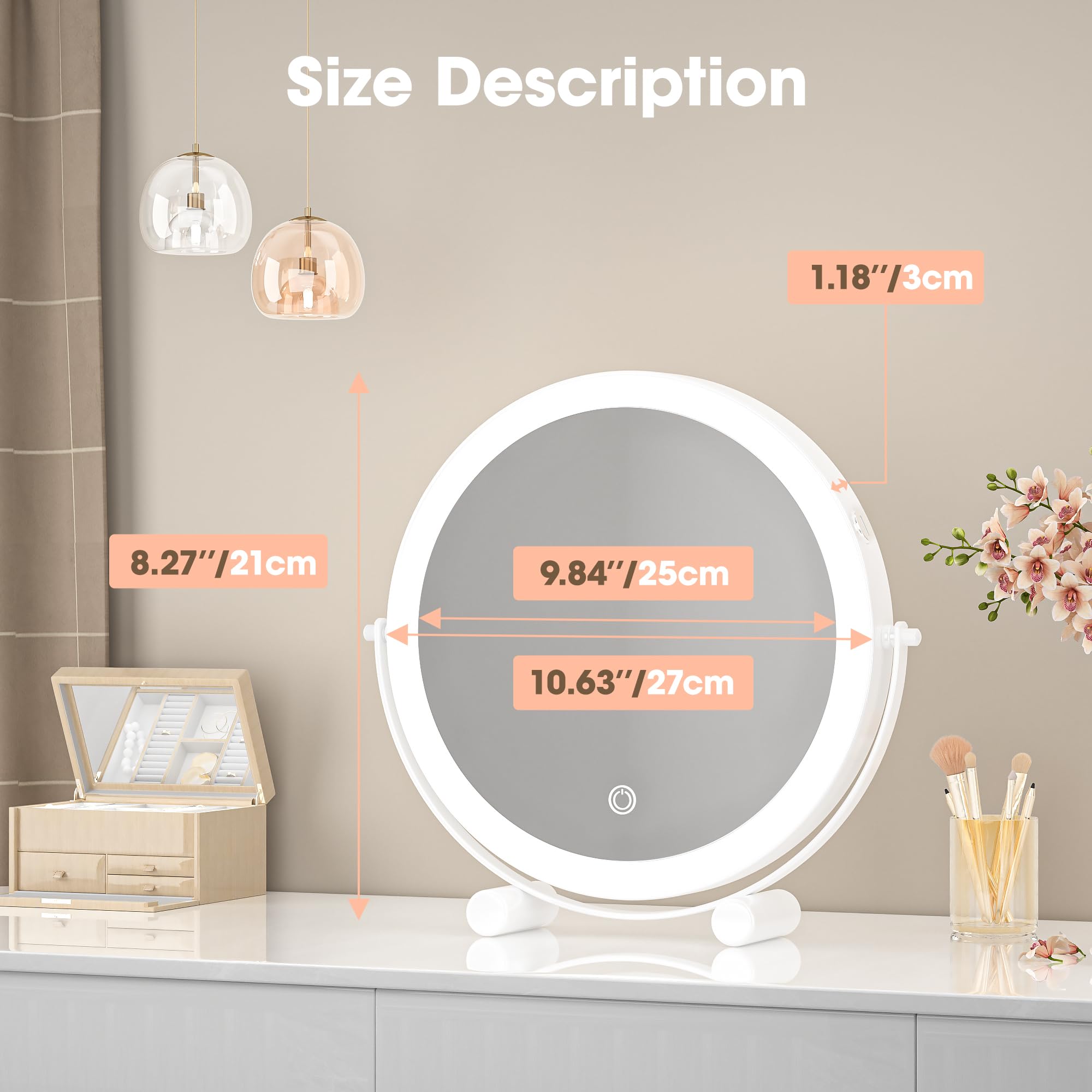 Hasipu 10-Inch Lighted Makeup Mirror With Magnification, White Frame Rechargeable 3000 Mah Vanity Mirror With Lights, Desk Mirro