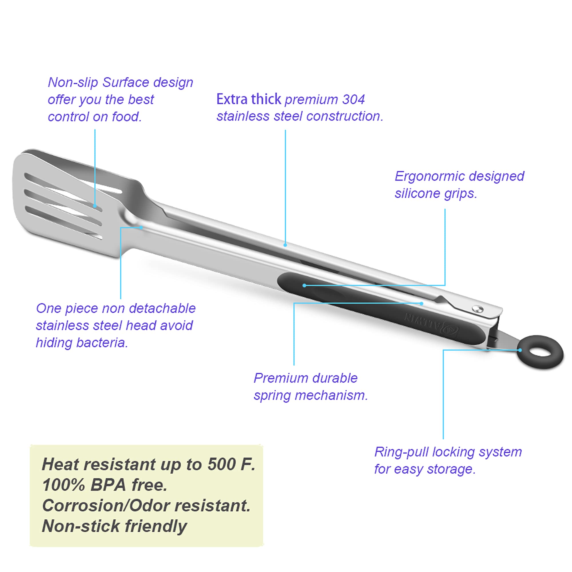 Premium 304 Stainless Steel Barbecue Turners, Heavy Duty Non-Stick Bbq Cooking Kitchen Tongs