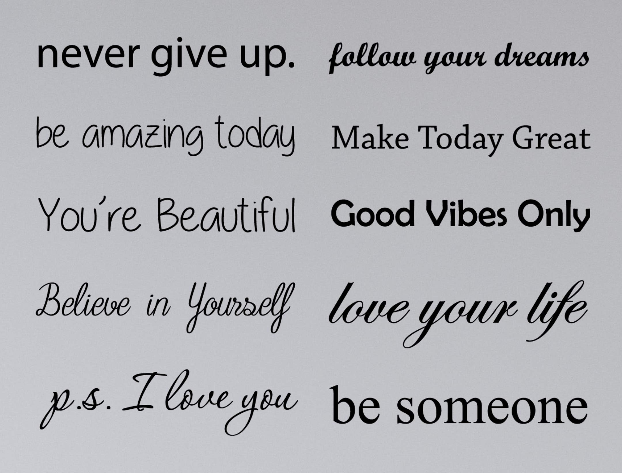 Motivational Quote Decal Sticker Set, Works On Walls, Cars And Glass, 10 Phrases Included, 12'' Wide Each #1469 (Matte Black)