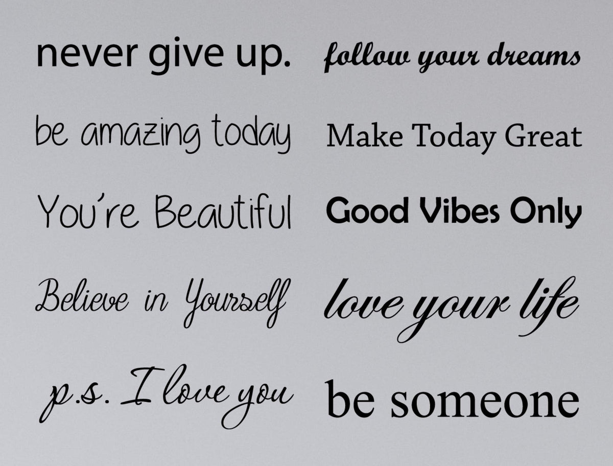Motivational Quote Decal Sticker Set, Works On Walls, Cars And Glass, 10 Phrases Included, 12'' Wide Each #1469 (Matte Black)