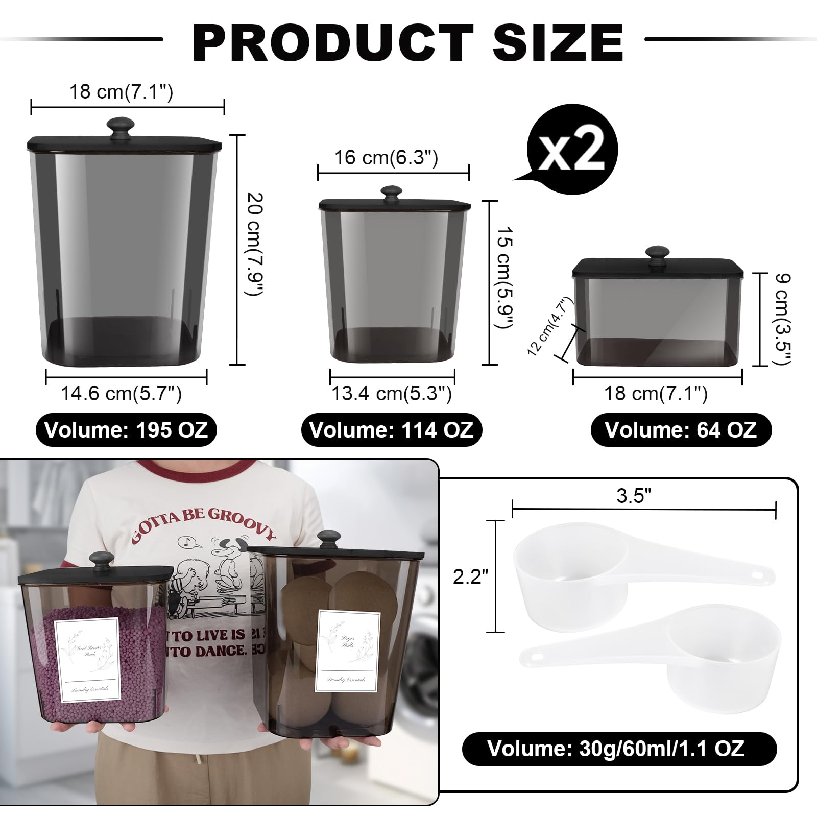 Zingbee 4 Pack Laundry Detergent Containers & Dryer Sheet Holder With Black Lids, Scoops & Labels - Plastic Laundry Organizer An