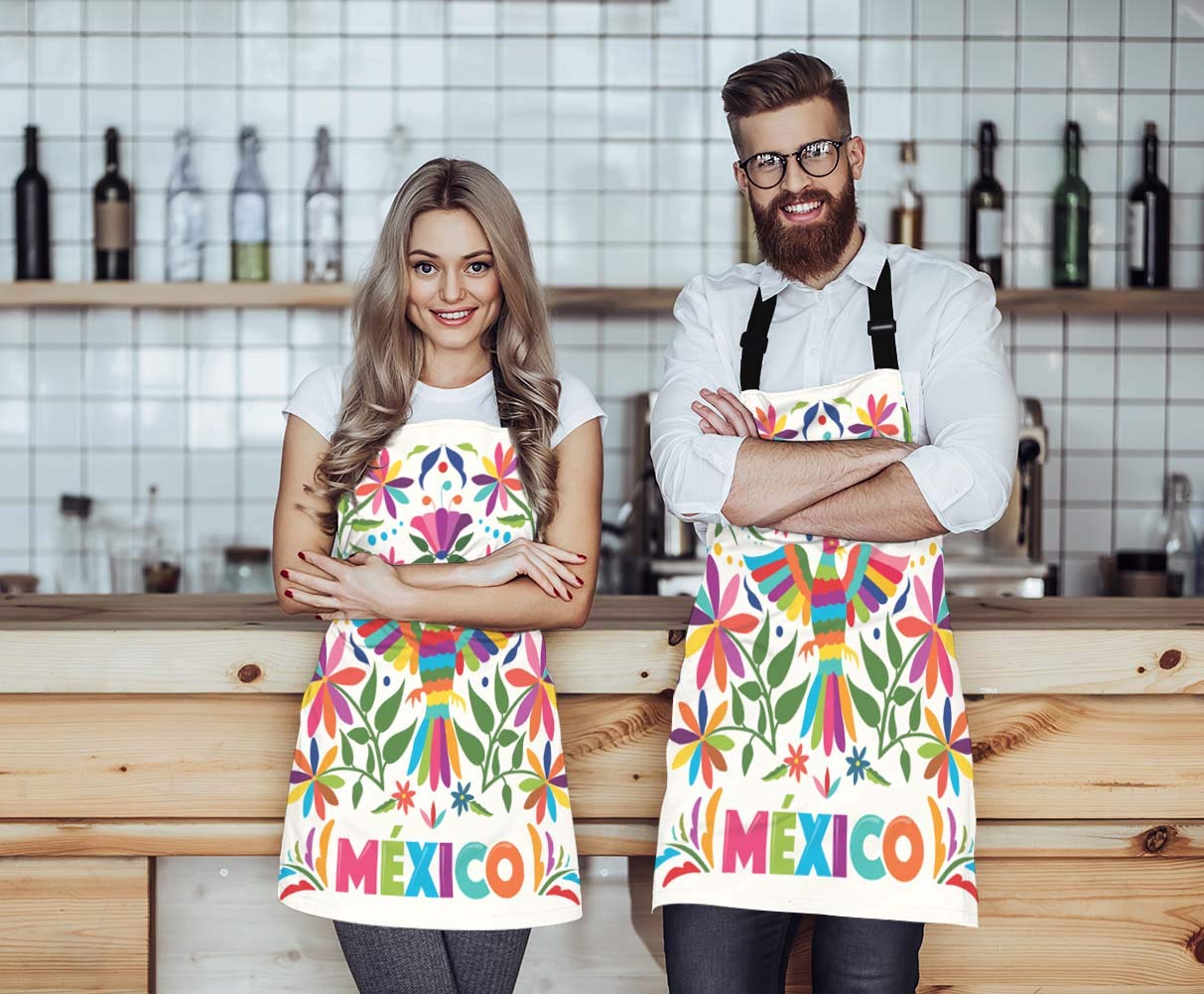 Ekobla Birds Aprons Colorful Mexico Traditional Texture Vibrant Floral Pattern Leaves Waterproof Resistant Chef Cooking Kitchen
