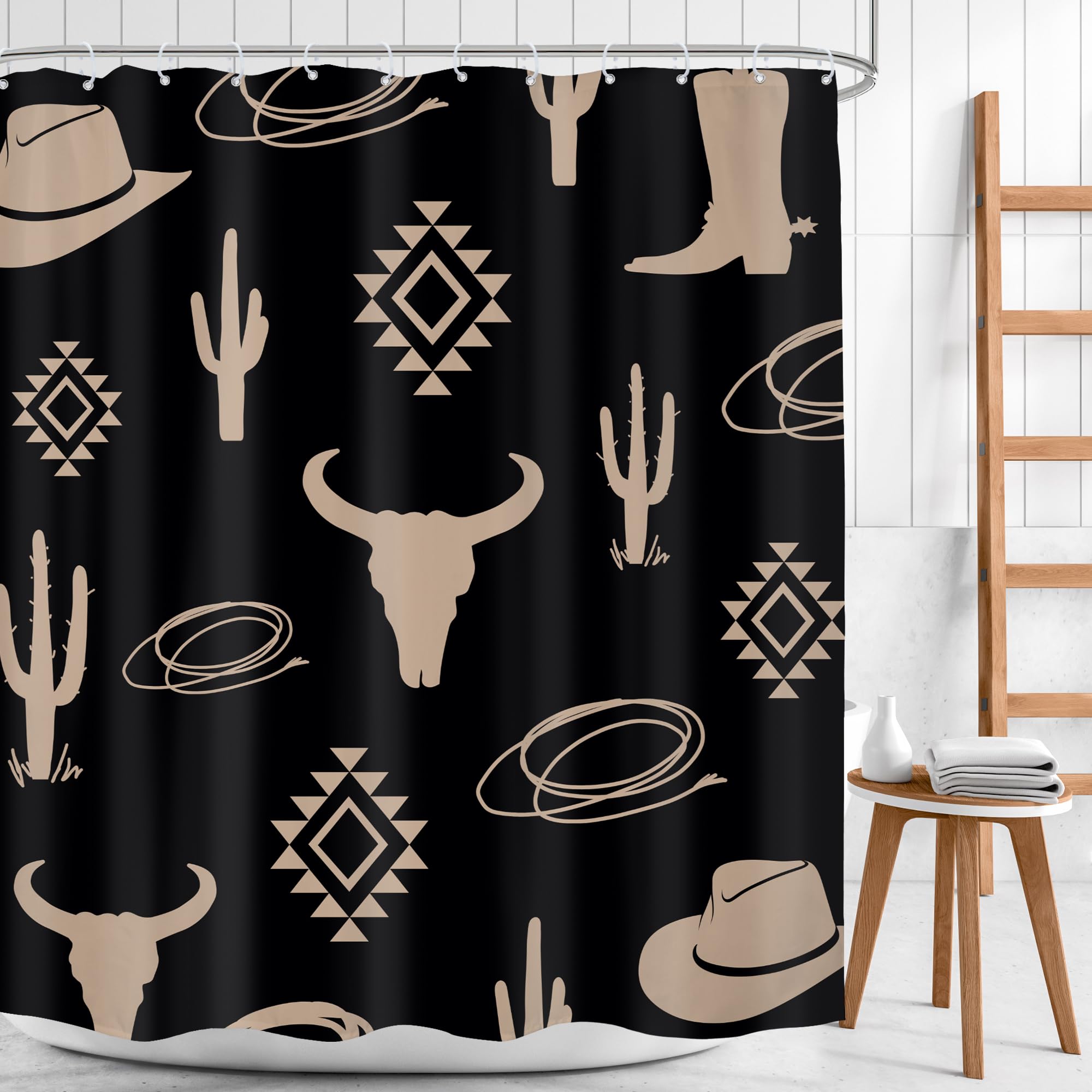 Mitpok Boho Western Bull Skull Shower Curtain 60Wx72H Farmhouse Retro Cow Head Desert Longhorn Black Cactus Southwestern Vintage
