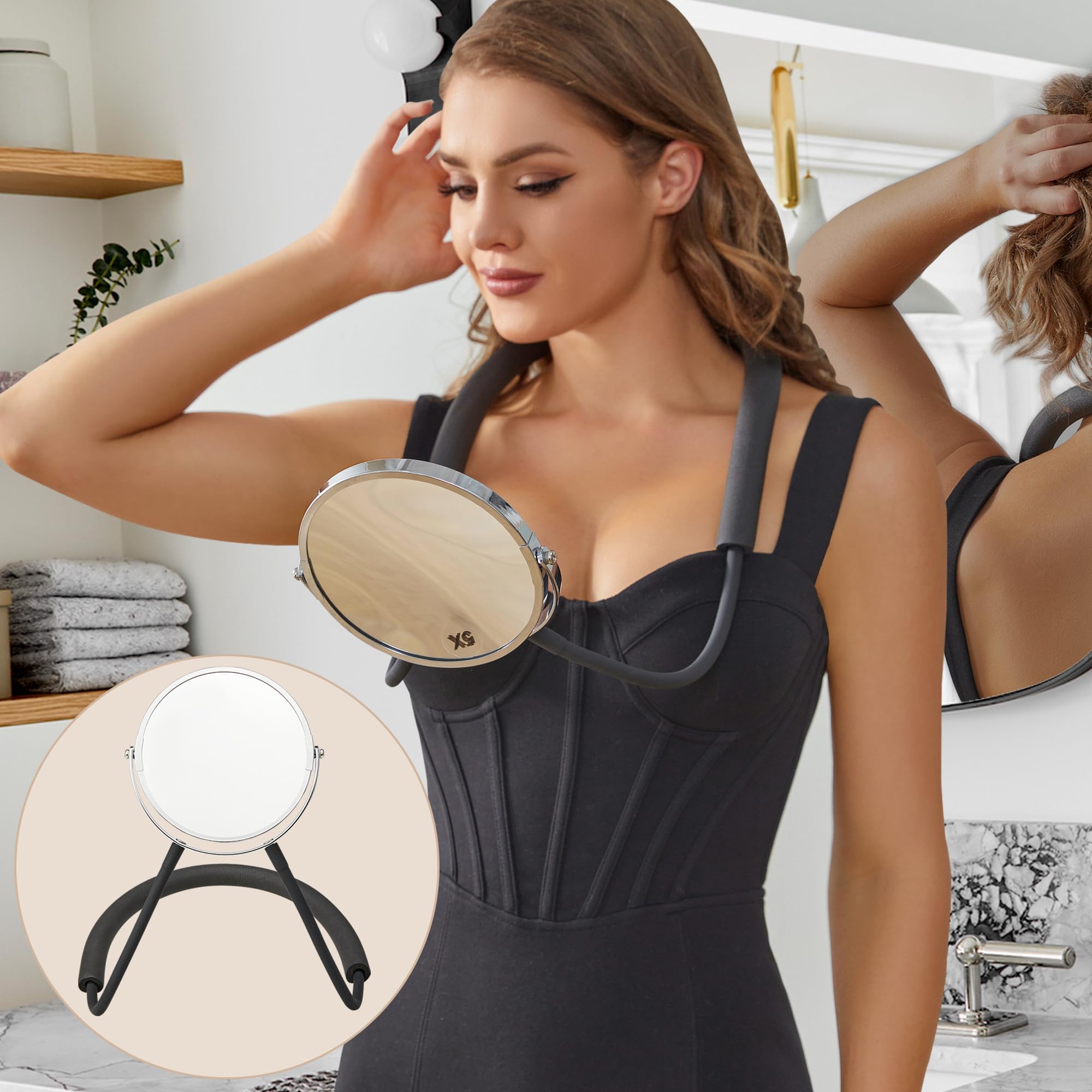 Double Sided Mirror To See Back Of Head,Big Size 360Self Haircut Hands Free Adjustable Mirror,Standard Viewing And 5X Magnificat