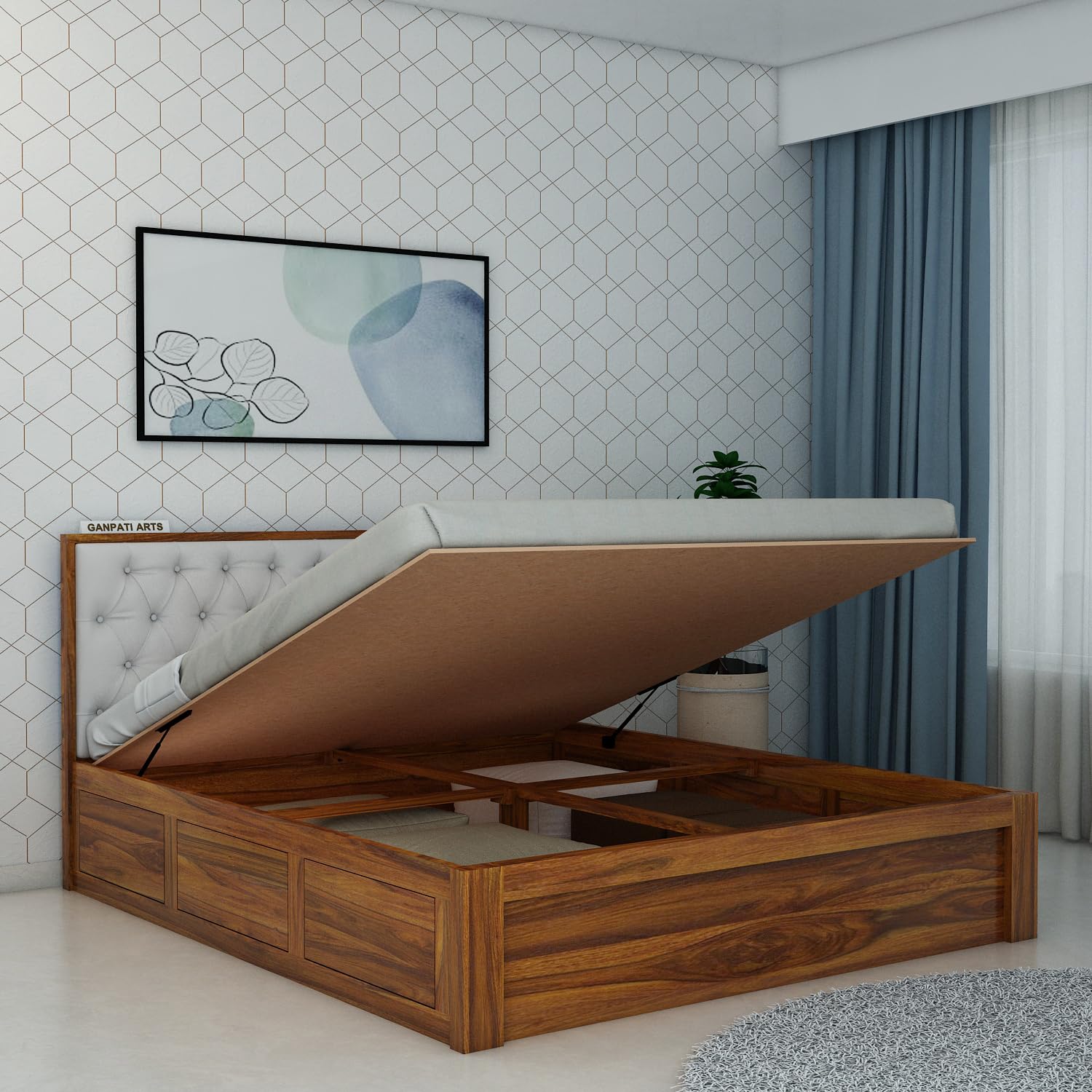 Ganpati Arts Solid Sheesham Wood Decan King Size Bed With Hydraulic Storage And Upholstery Headboard (Natural Finish)