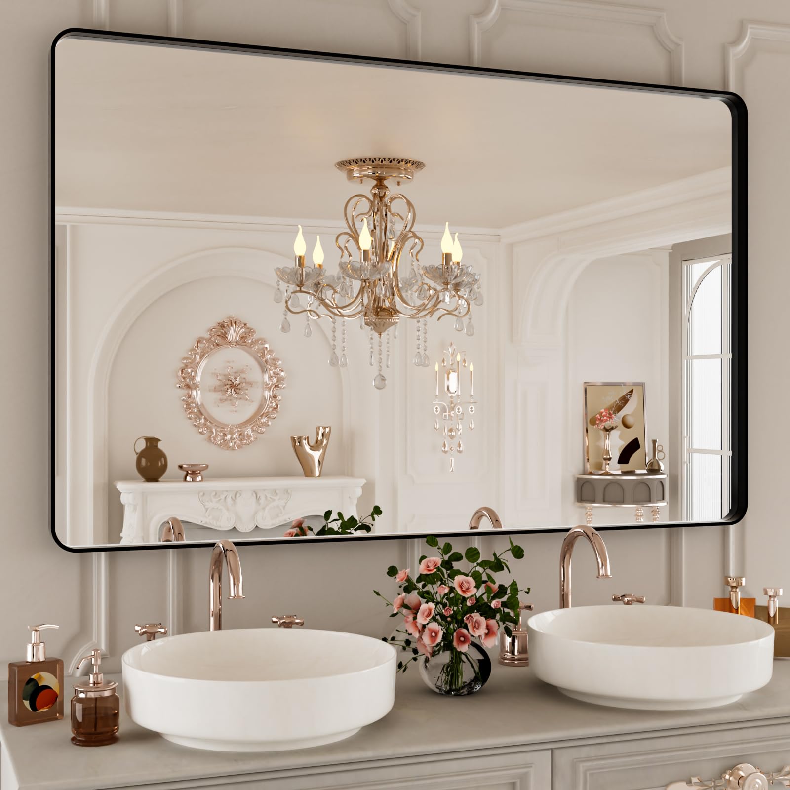 Istripmf 48X30 Inch Black Bthroom Mirror,Black Metal Frame Vanity Mirror,Rounded Rectangular Matte Black Wall Mirrors,Tempered G