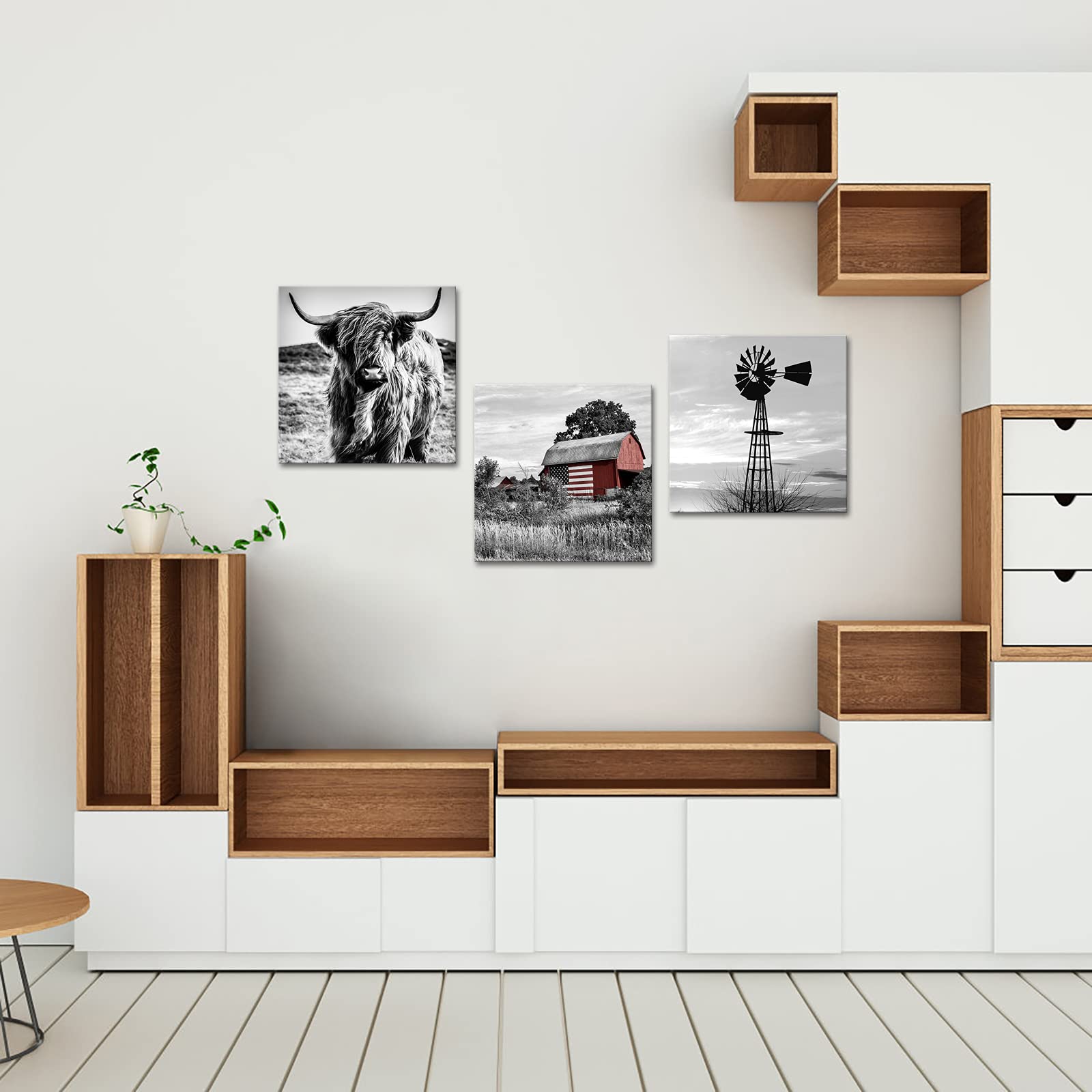 Black And White Canvas Set Of 3 Wall Art Prints Farmhouse Barn American Flag Highland Cow And Windmill Pictures Rustic Farm Coun