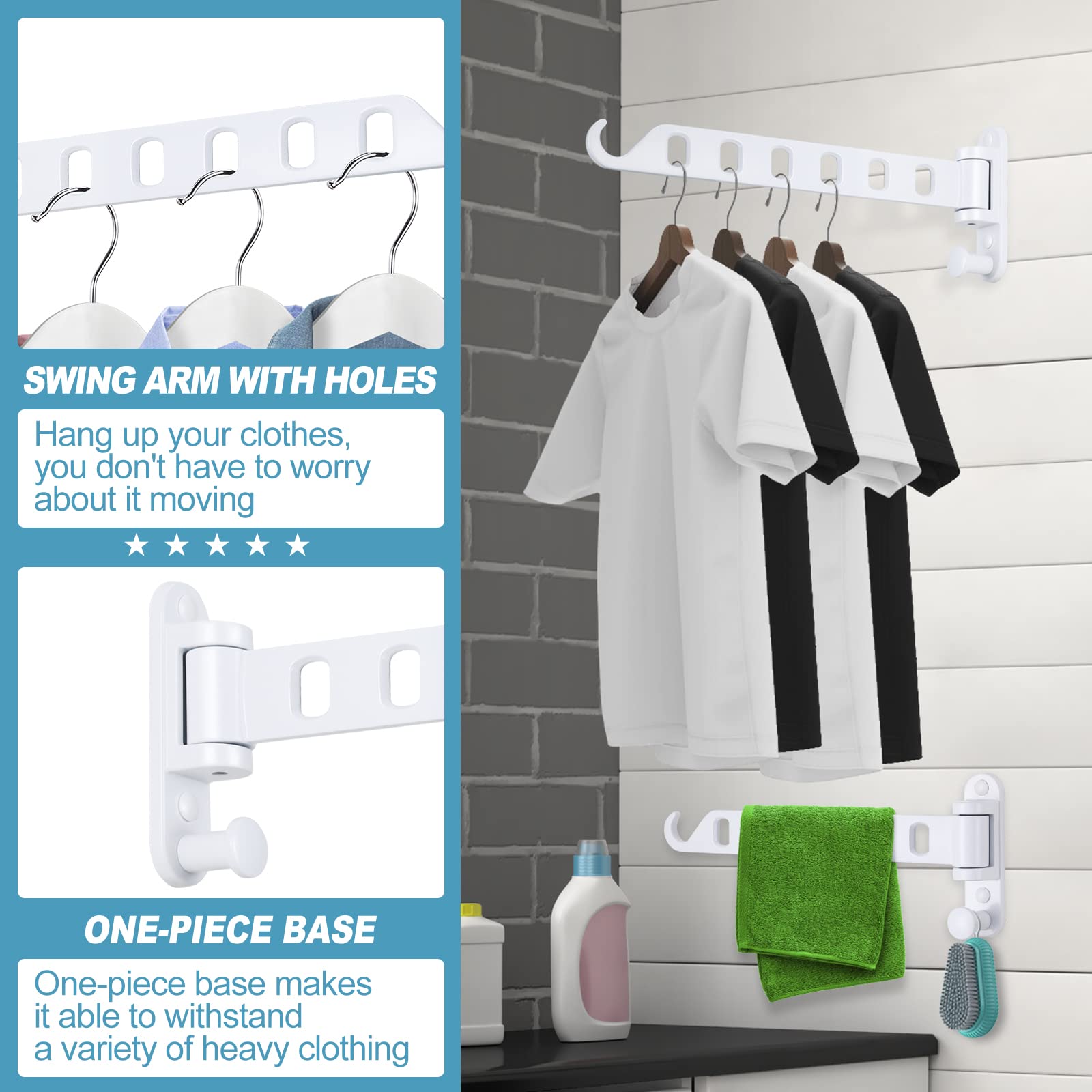 Skiken Wall Mounted Clothes Hanger With Swing Arm, Wall Mounted Swing Away Drying Rack, 180Rotation, Safe Laundry Hanger, Space