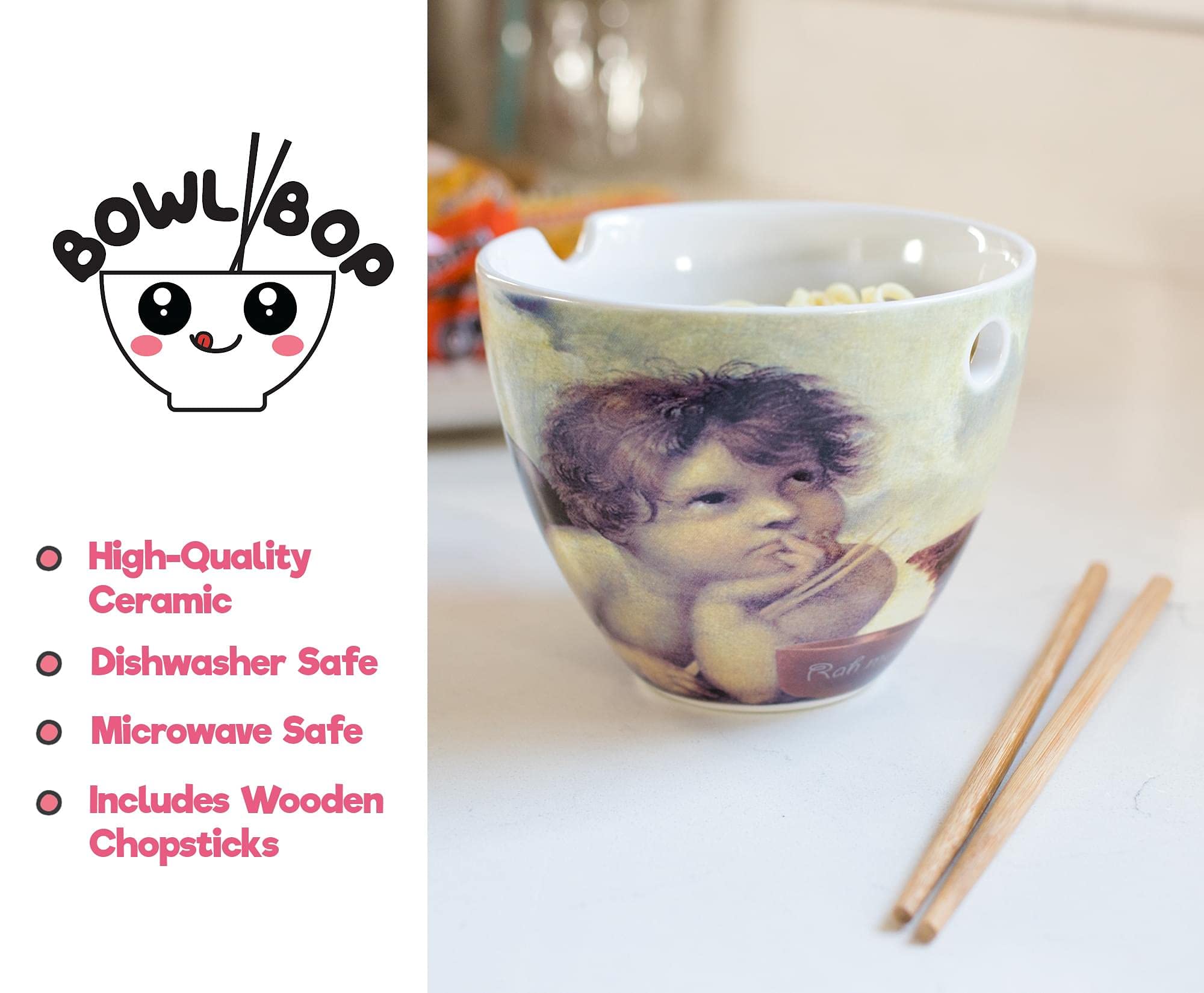 Bowl Bop Cherub Fine Art Japanese Ceramic Dinnerware Set | Includes 16-Ounce Ramen Noodle Bowl And Wooden Chopsticks | Asian Foo
