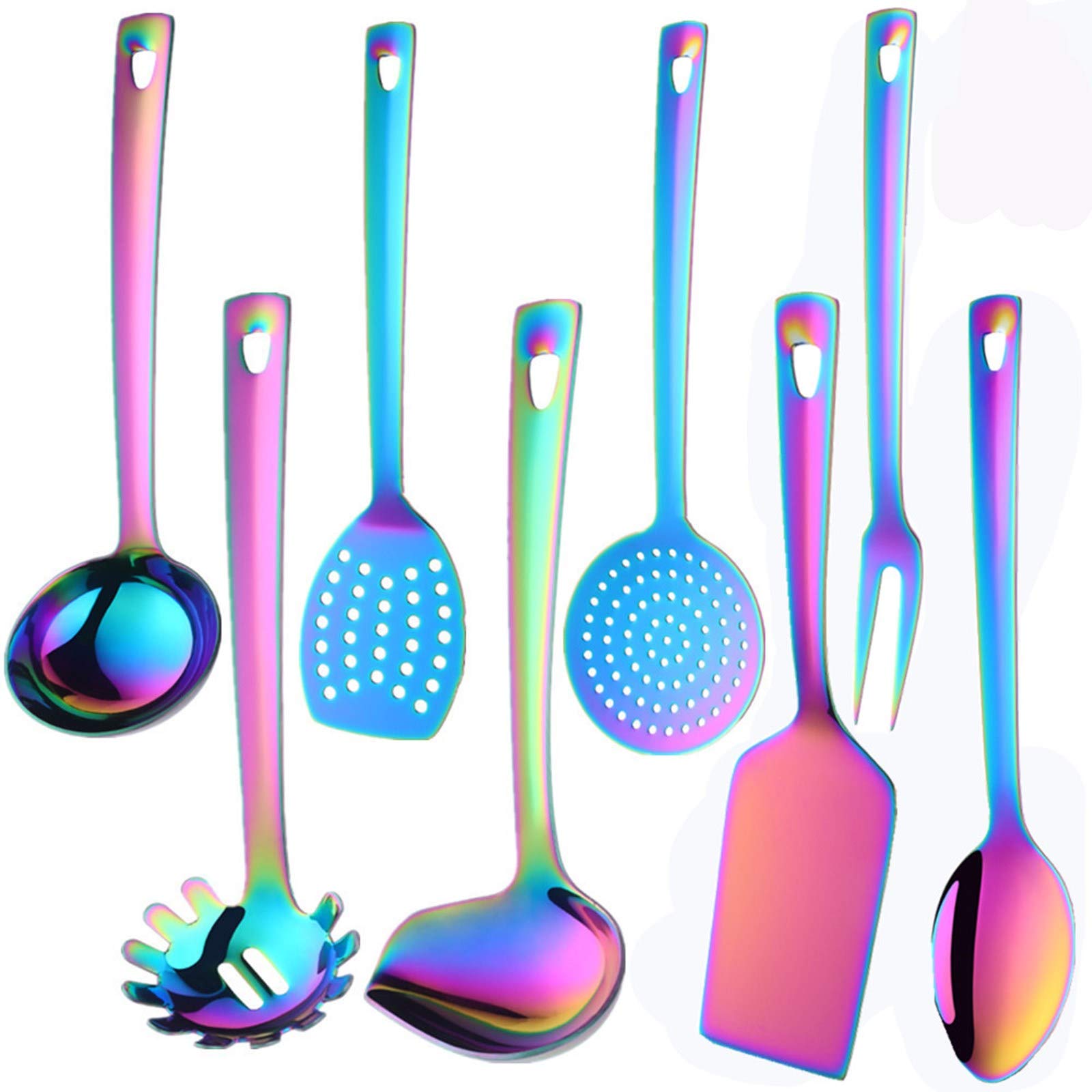 Qiboorun Stainless Steel Kitchen Utensil Set -8 Cooking Utensils, Colorful Titanium Plated Set Kitchen Tools Gadgets Cake Shovel