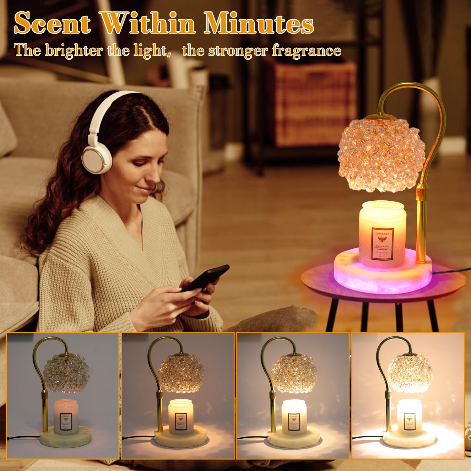 Hisummer Candle Warmer Lamp with Timer - Dimmer Electric Candle Lamp Warmer with RGB Mode, 312 K9 Crystals Lampshade,Adjustable