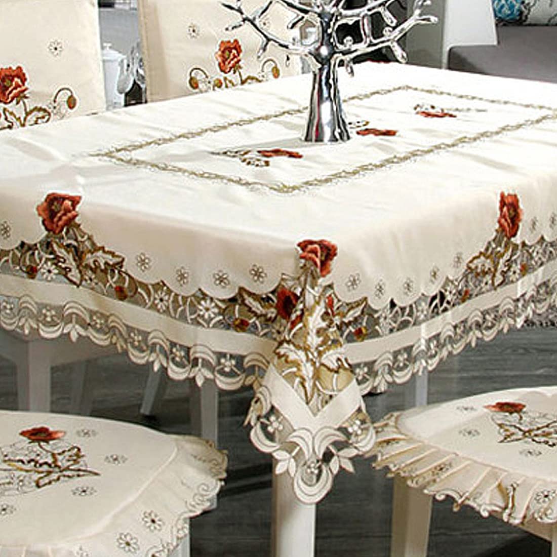 Lelehome 57 Inch Square Flower Embroidered Tablecloth, Vintage Classic Tassel Floral Beige Table Cloth Home Decor Dining Table C