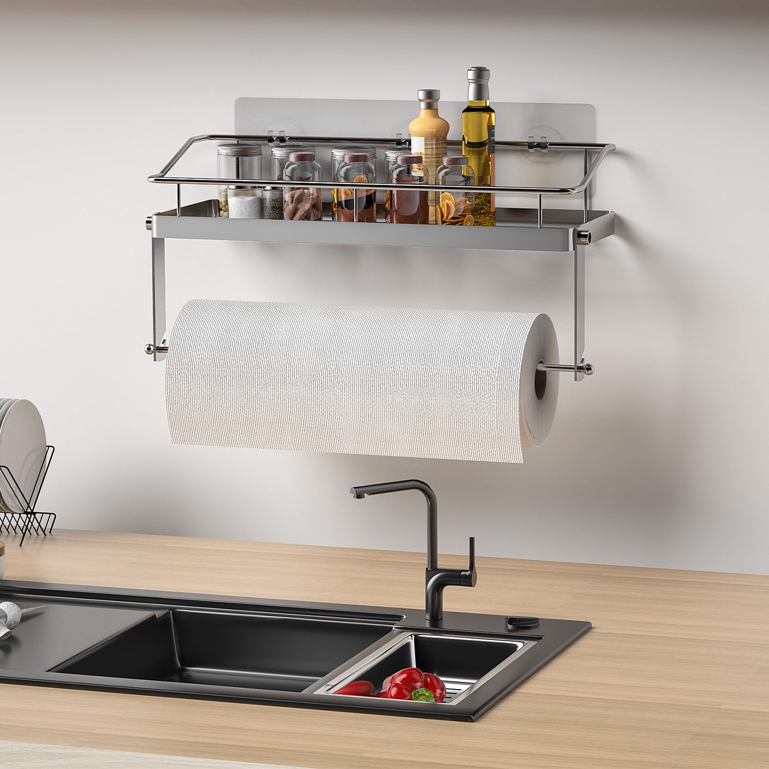 Paper Towel Holder Shelf, 2 In 1 Kitchen Spice Rack With Adhesive Paper Towel Holder For Bathroom, Stainless Steel Paper Towel H