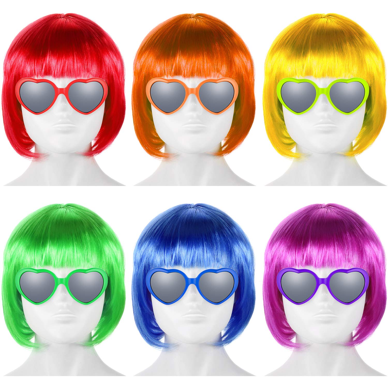 WILLBOND 12 Pieces Colorful Party Wigs and Sunglass Set, Neon Short Bob Wig Sunglass Pack Costume Cosplay Wig Daily Party Hairpi