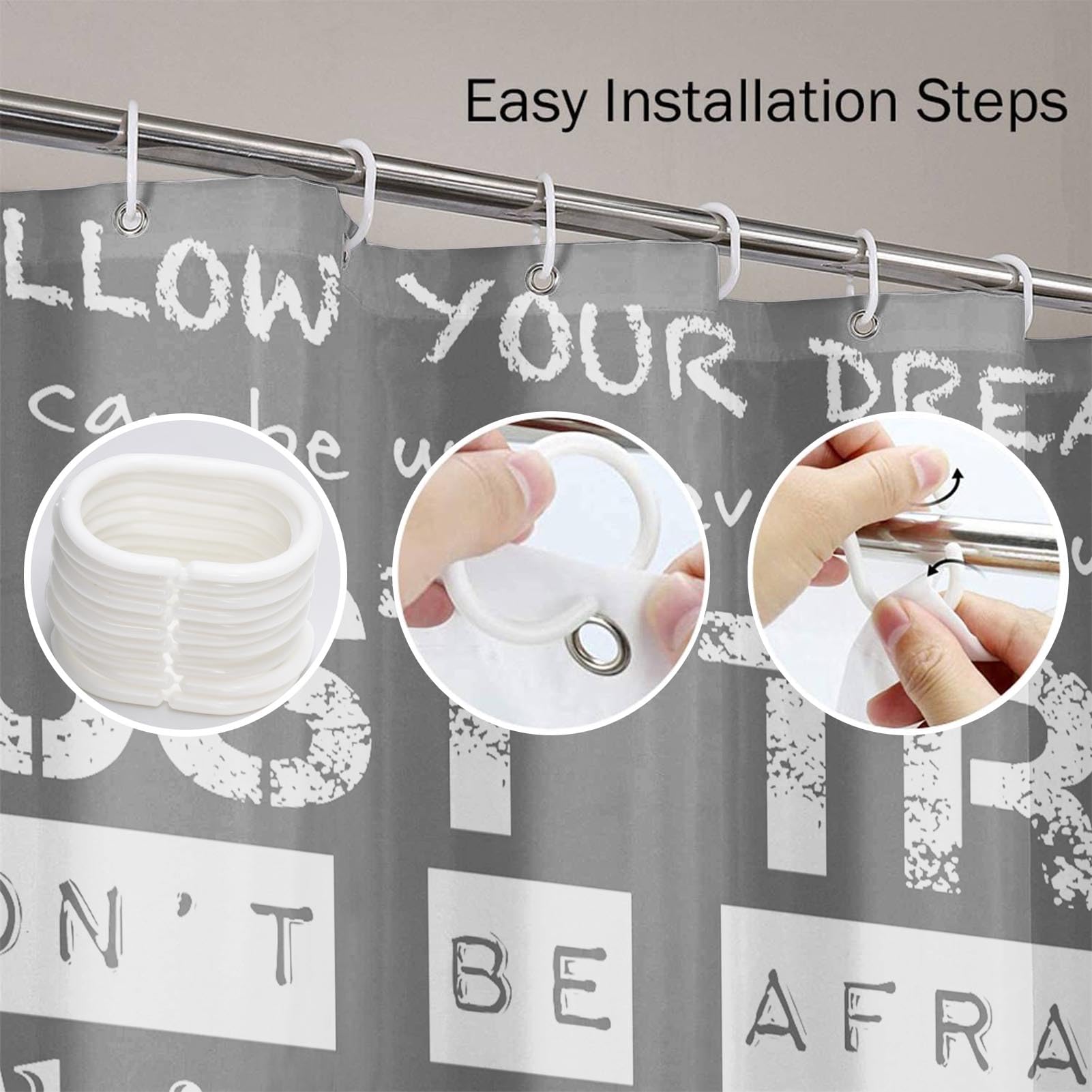 Emvency Grey And White Positive Shower Curtain Inspirational Motivational Teen Follow Your Dreams Just Try Never Give Up Kids Bo