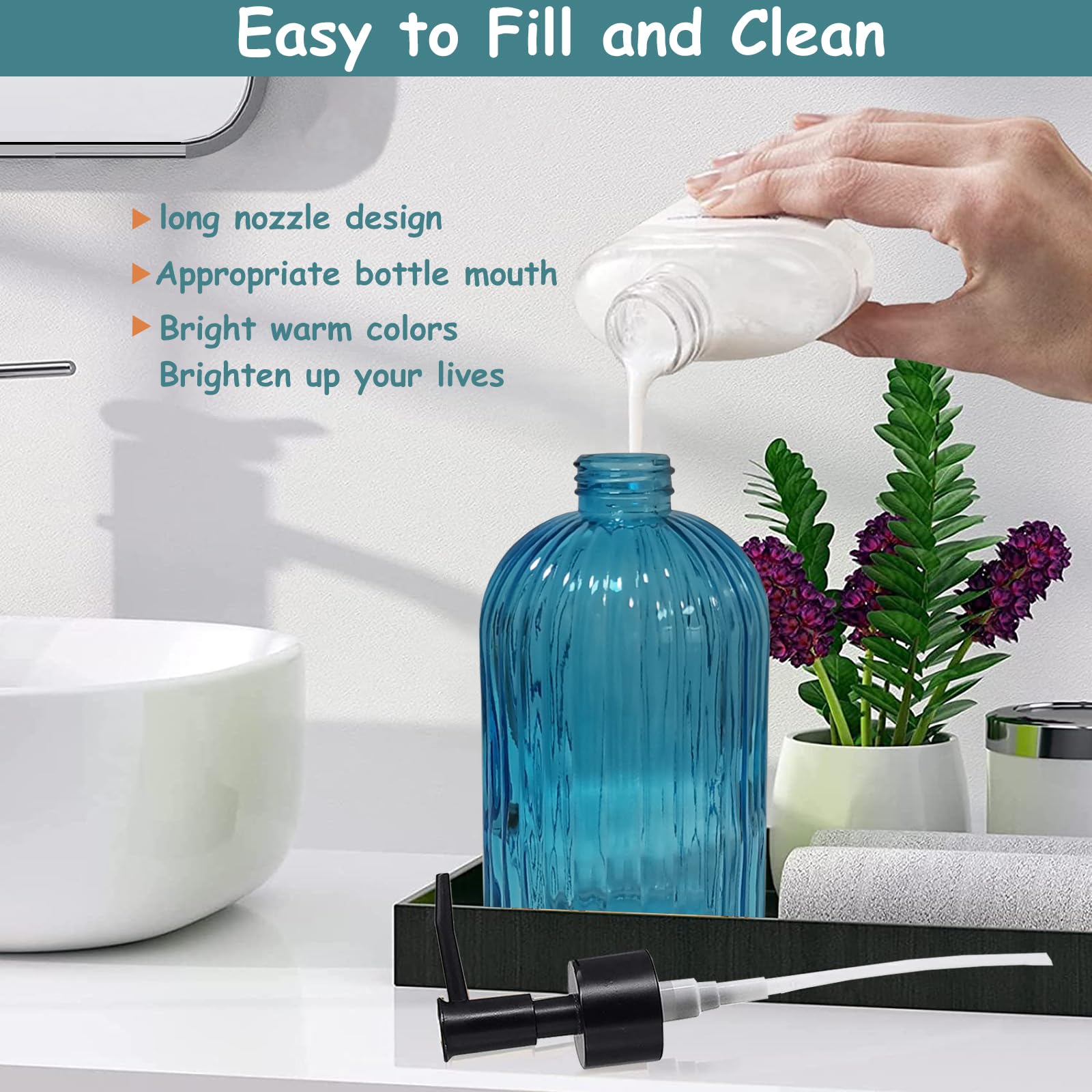 Blue Glass Soap Dispenser Set With Black Pump, 13.5Oz Refillable Liquid Hand Soap Dispenser, Lotion Dish Soap Dispenser For Mode