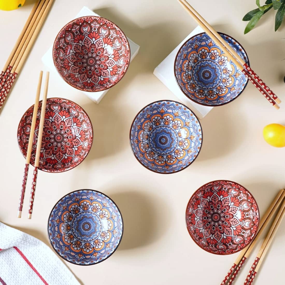 Nestasia Ceramic Bowl Set Of 6 With Chopsticks | Microwave & Dishwasher Safe Bowl With Mandala Pattern | Perfect For Snacks, Sou