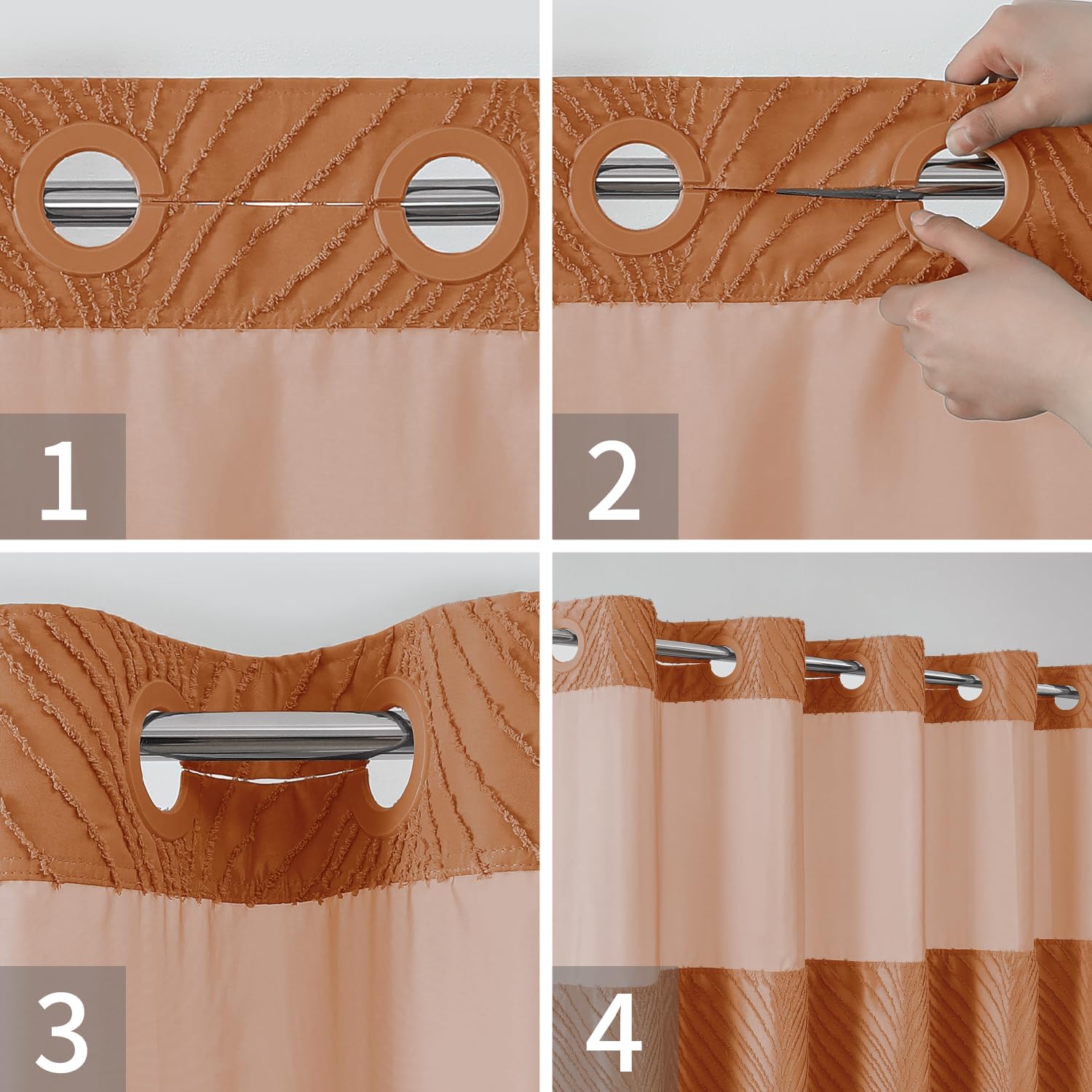 Eachope No Hook Shower Curtain And Liner Set,Boho Style With See Through Top Window, Burntorange Fabric Tufted Striped Textured