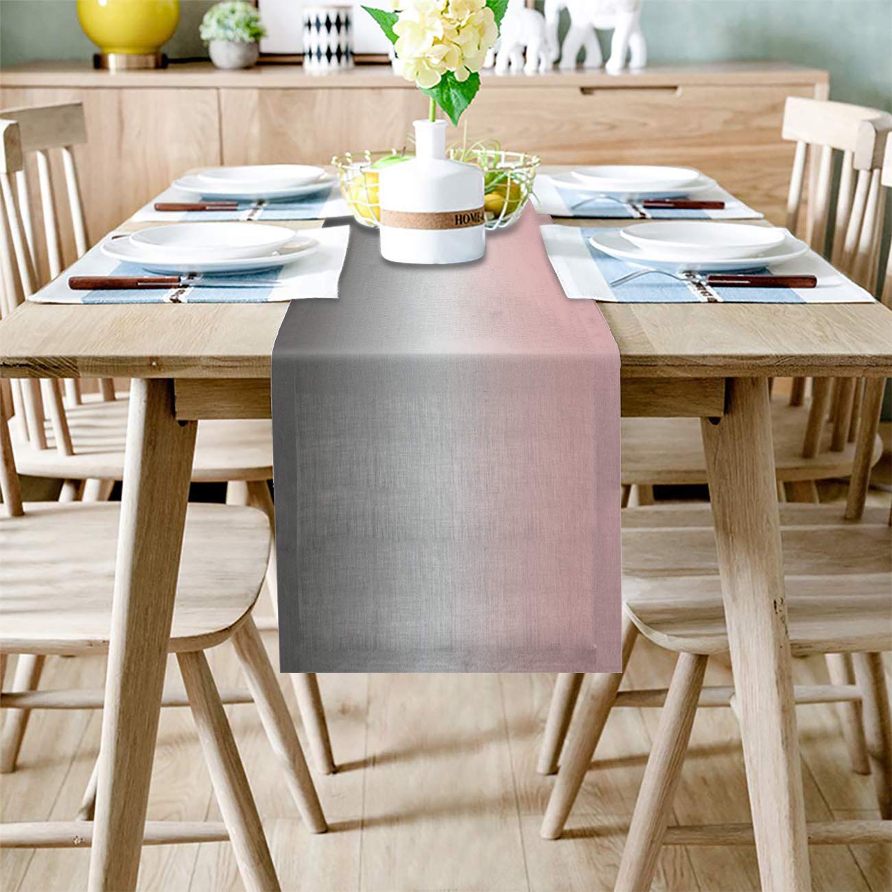Leohome Ombre Cotton Linen Rectangle Table Runners 13''X36'', Gradient Pink And Grey Luxury Table Runners For Wedding Party Banq