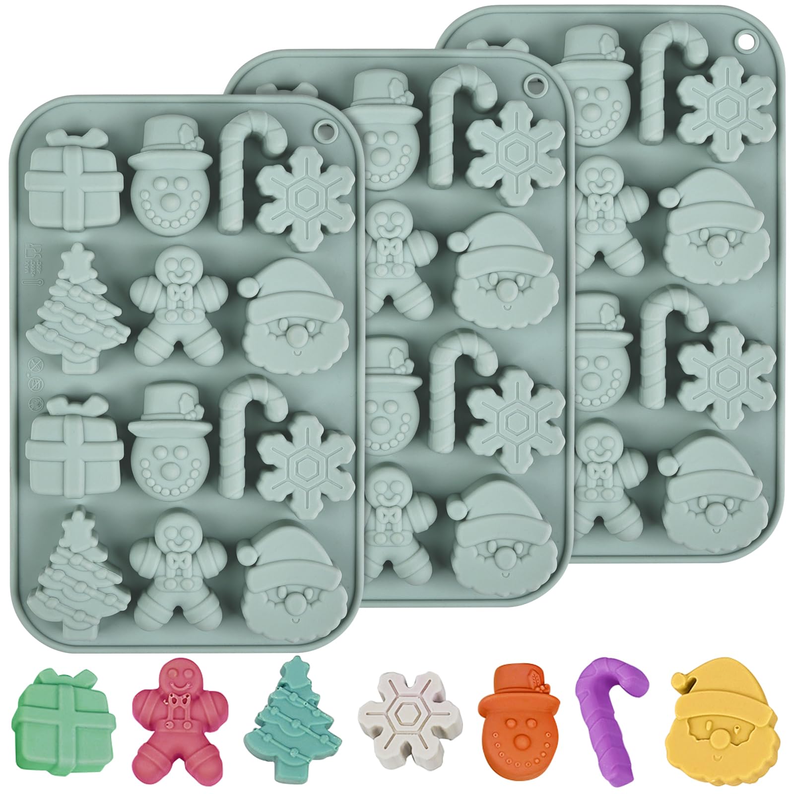 Christmas Chocolate Molds 3pcs Silicone Candy Molds Santa Claus Cane Christmas Tree Gingerbread Molds for Ice Cube Jelly Crayon 