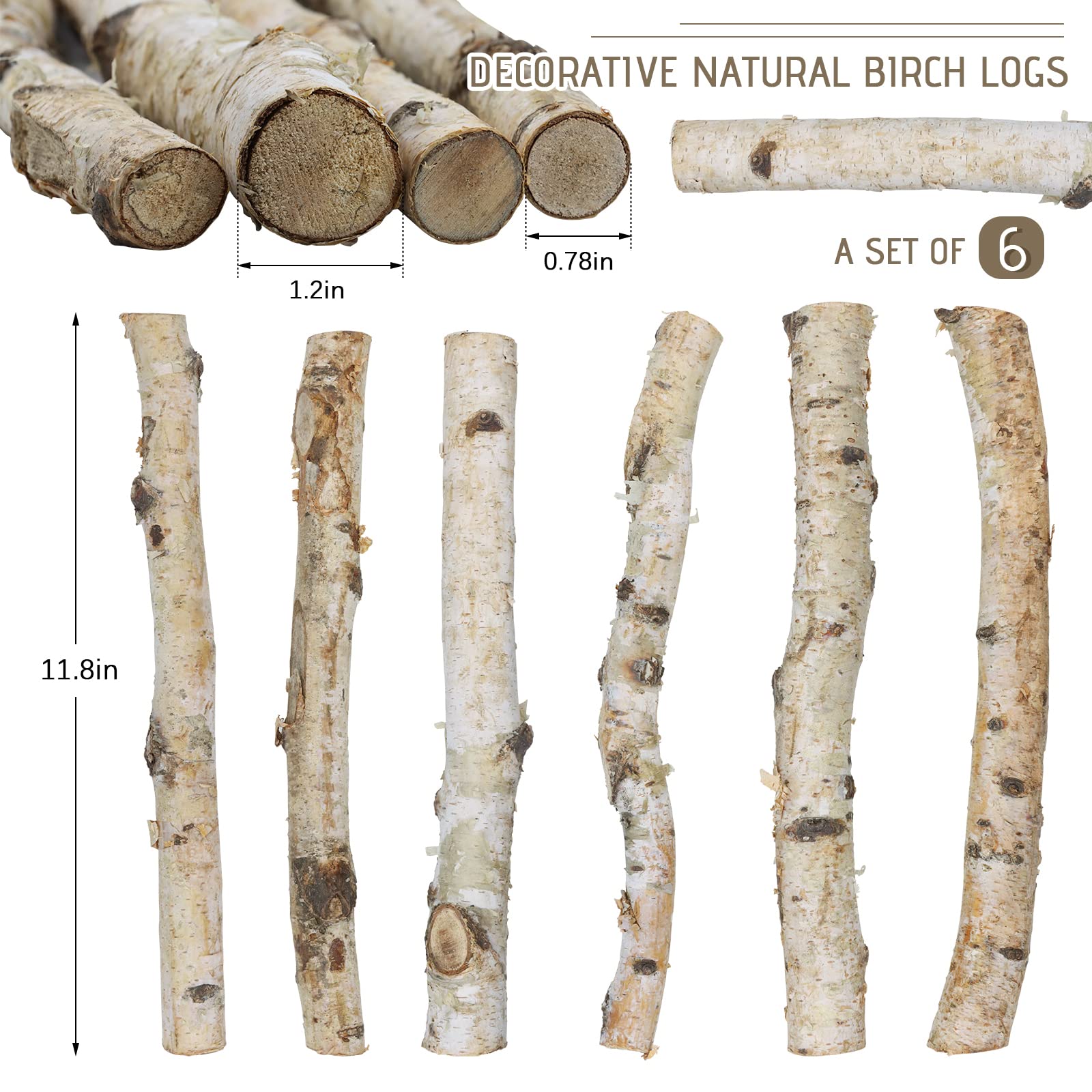 Uplama 6Pack Small Birch Logs For Fireplace Unfinished Wood Crafts Diy Home Decorative Burning,Fireplace Log Set (0.78''-1.18''
