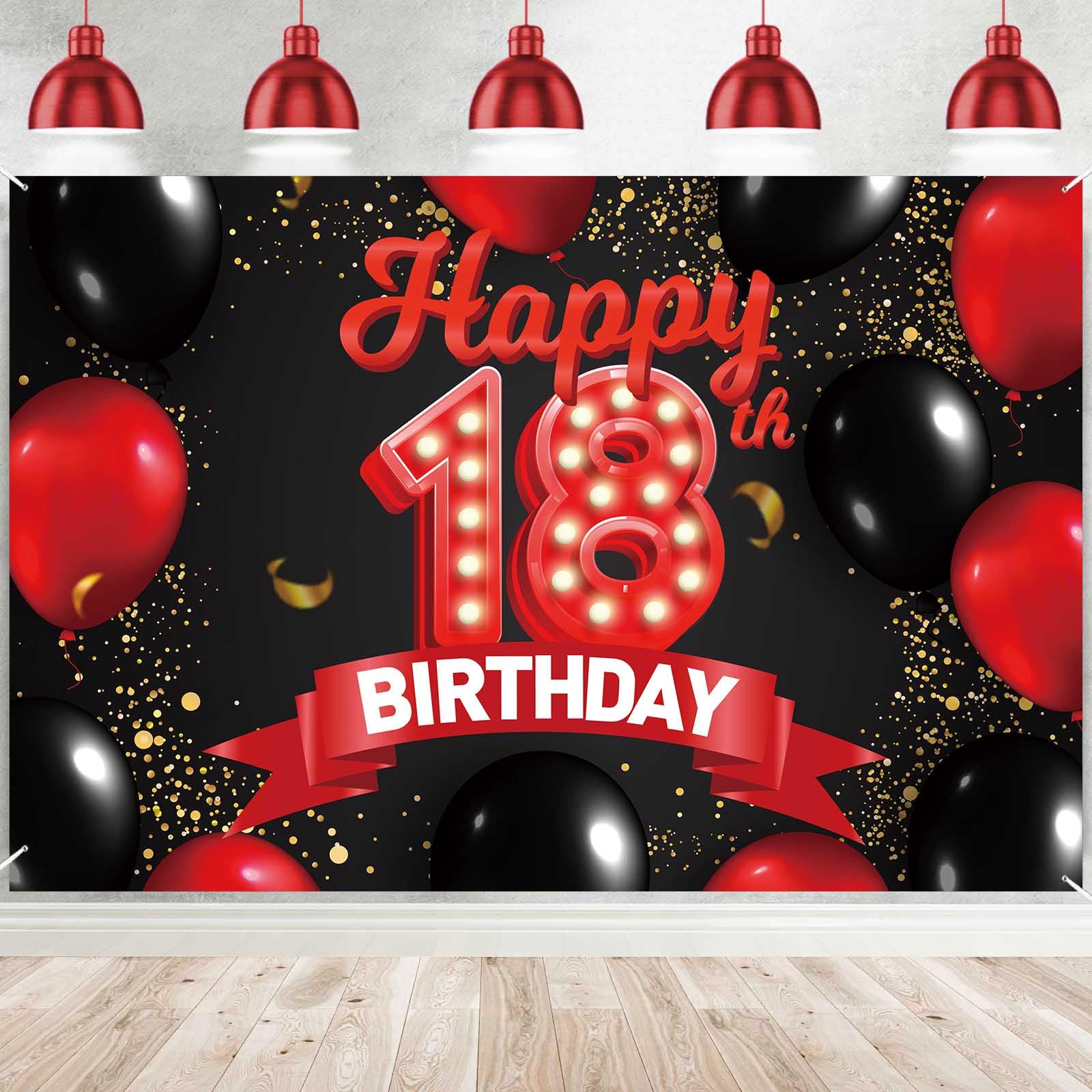 Happy 18Th Birthday Red And Black Banner Backdrop Balloons Theme Decor Decorations For Girls Women Princess 18 Years Old Birthda