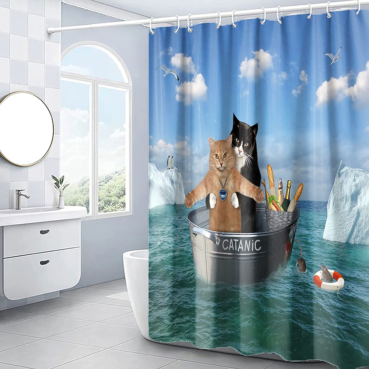 Domoku Cat Shower Curtain Funny Pet Kitten Couple Cosplay In Ocean Fun Cute Cat Bathroom Shower Curtains Polyster Fabric Waterpr