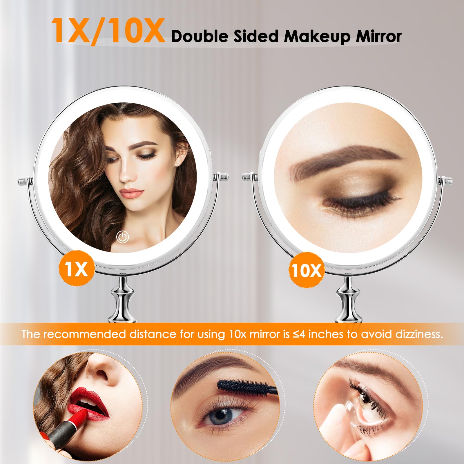 Large Lighted Makeup Mirror, 8'' Rechargeable Vanity Mirror With 3 Color Lights, 1X/10X Magnifying Mirror, 360 Rotation Double S