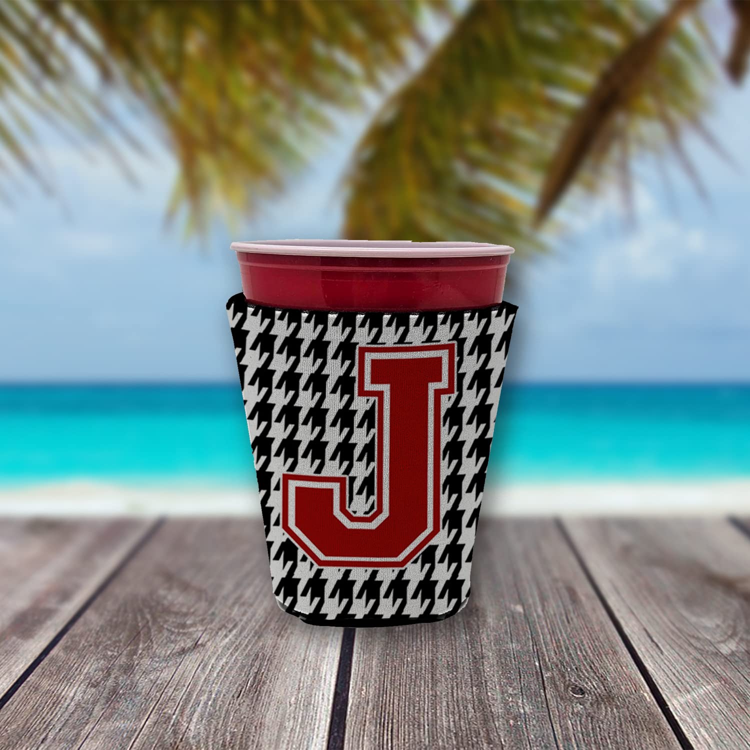 Monogram - Houndstooth  Initial  J Red Solo Cup Beverage Insulator Hugger CJ1021J-RSC