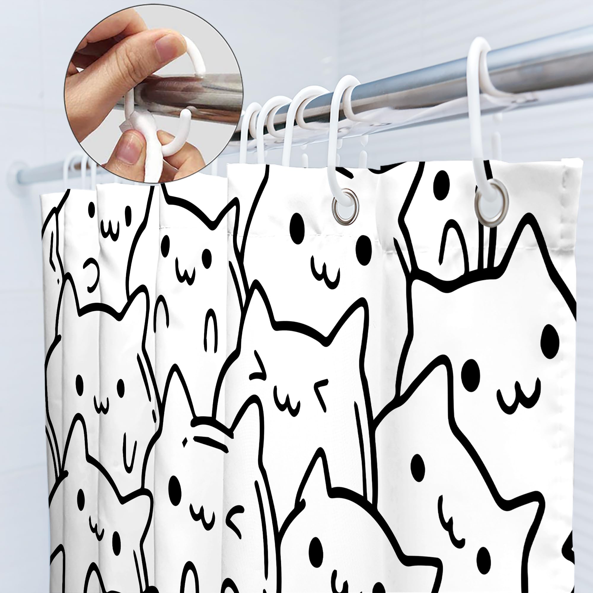 SVBright Cat Shower Curtain 60Wx72L Inch Kids Funny Black White Animal Cute Silhouette Kitty Kitten Simple Line Humor Girls Boys 12 Pack Hooks Polyester Waterproof Fabric Bathroom Bathtub Panels