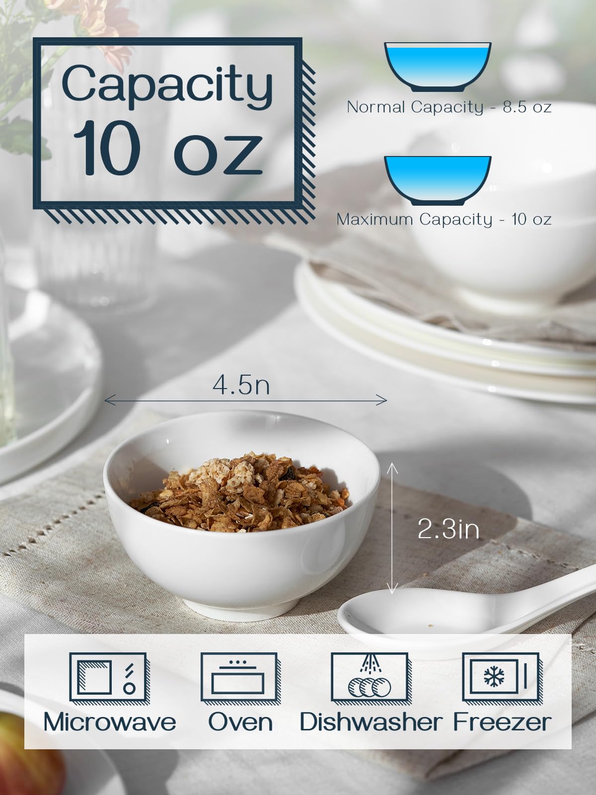 Dowan 10 Oz Small Dessert Bowls - 4.5'' Ceramic Cereal Bowls Set Of 8 - Porcelain White Bowls For Side Dishes, Rice, Ice Cream,