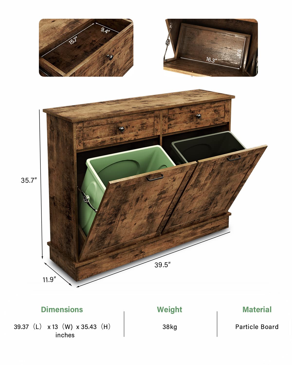 Tc-Homeny Tilt Out Trash Cabinet With Drawer, Free Standing Trash Can Cabinets, Manual And Auto Mode Shutdown Cabinet Door, Recy